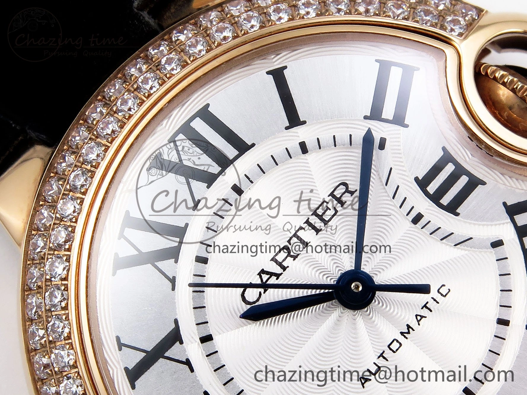 Ballon Bleu 33mm RG AF 1:1 Best Edition Silver Dial Diamonds Bezel on Black Leather Strap SEIKO NH05A