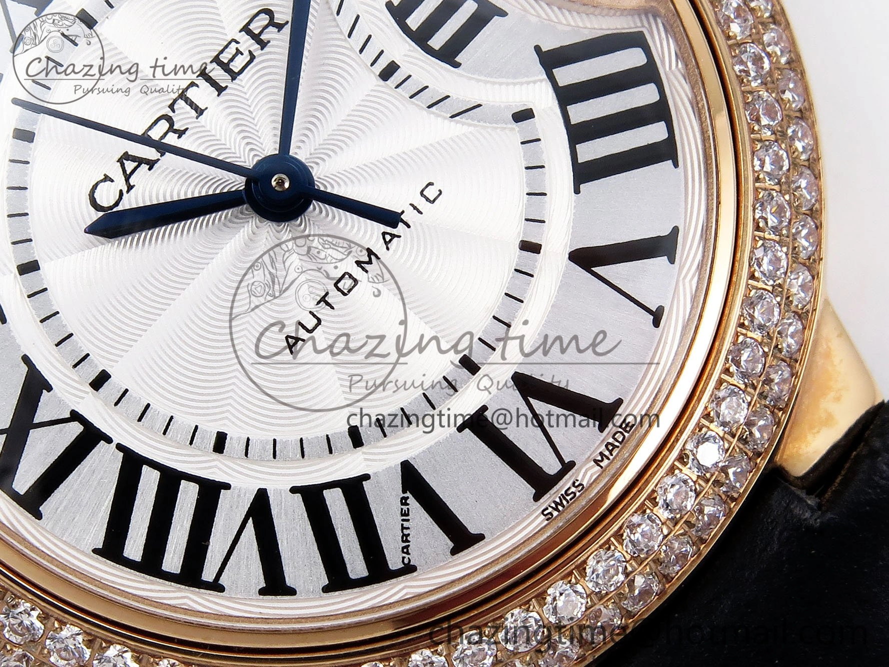 Ballon Bleu 33mm RG AF 1:1 Best Edition Silver Dial Diamonds Bezel on Black Leather Strap SEIKO NH05A