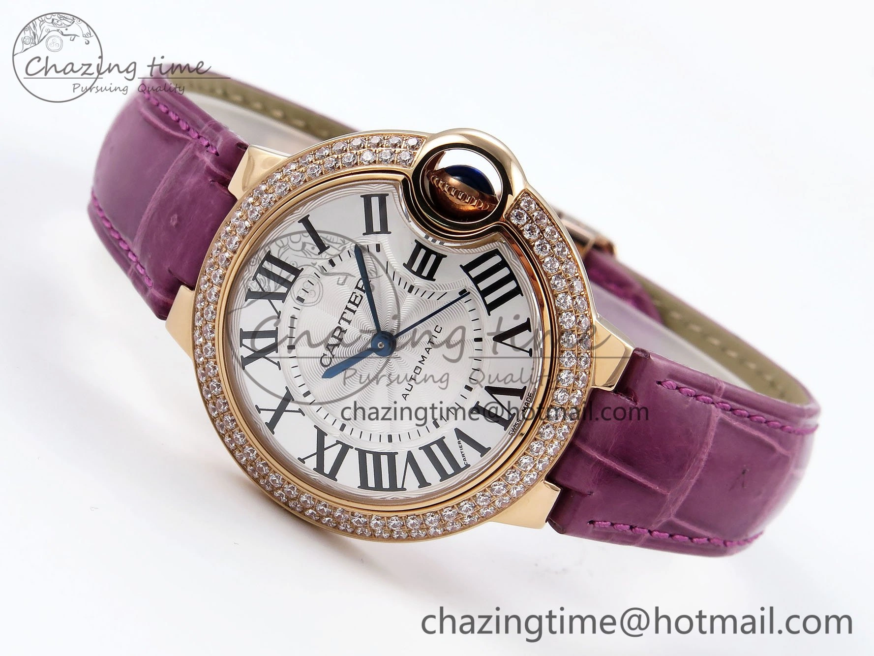 Ballon Bleu 33mm RG AF 1:1 Best Edition Silver Dial Diamonds Bezel on Purple Leather Strap SEIKO NH05A