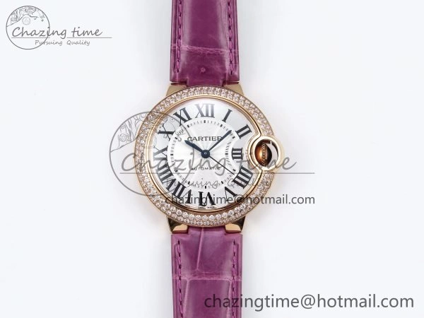 Ballon Bleu 33mm RG AF 1:1 Best Edition Silver Dial Diamonds Bezel on Purple Leather Strap SEIKO NH05A