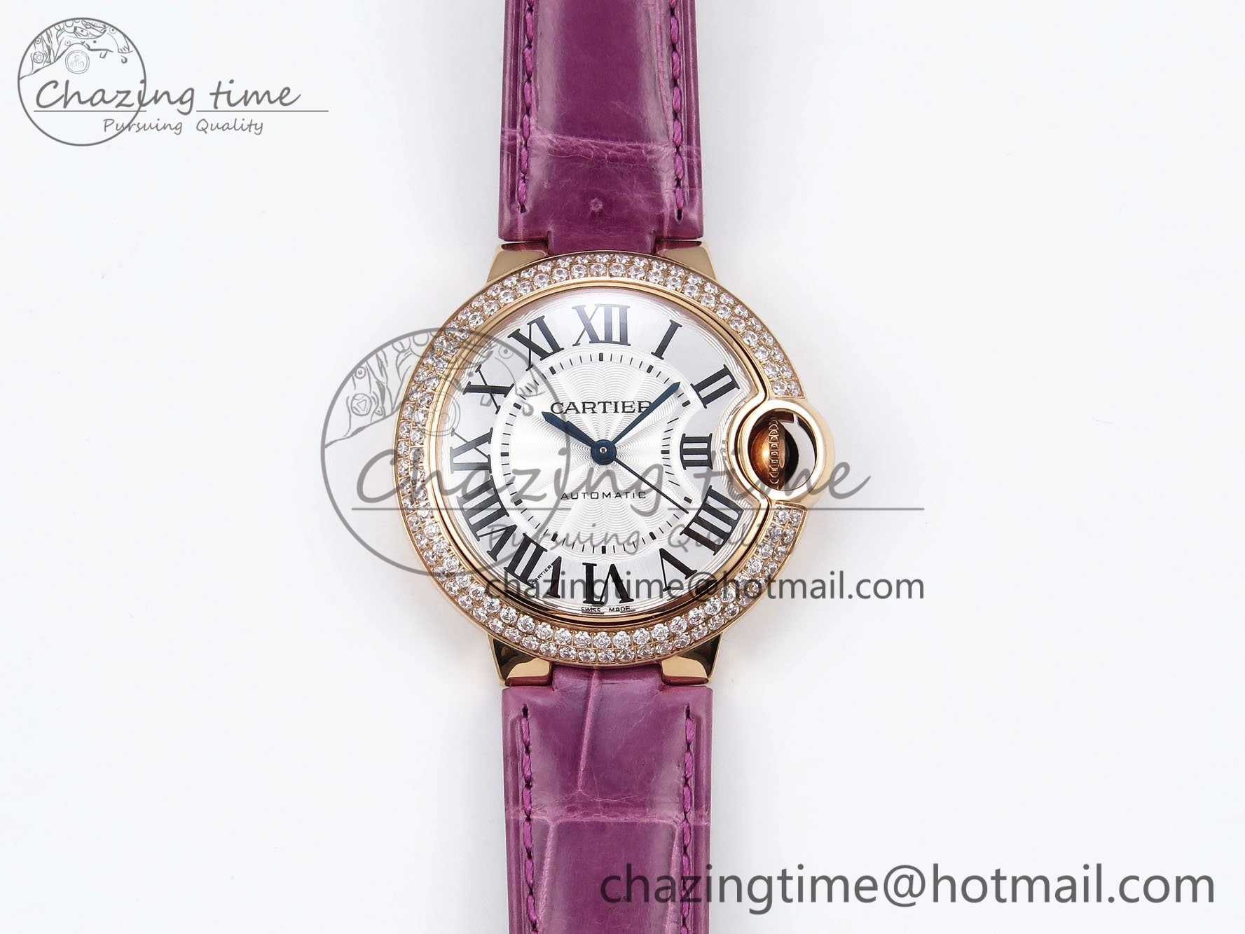 Ballon Bleu 33mm RG AF 1:1 Best Edition Silver Dial Diamonds Bezel on Purple Leather Strap SEIKO NH05A