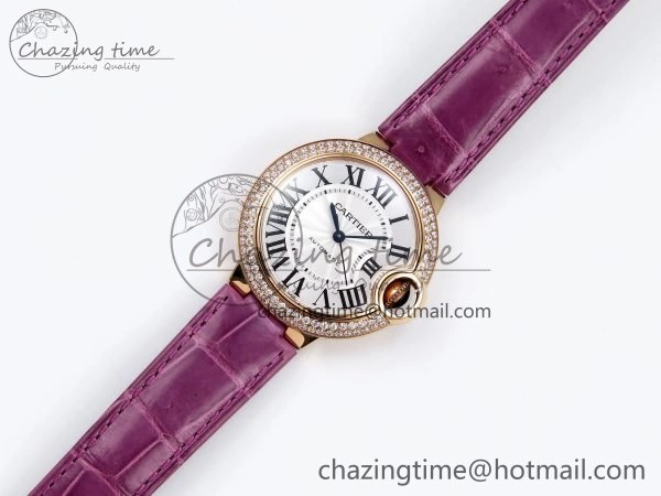 Ballon Bleu 33mm RG AF 1:1 Best Edition Silver Dial Diamonds Bezel on Purple Leather Strap SEIKO NH05A