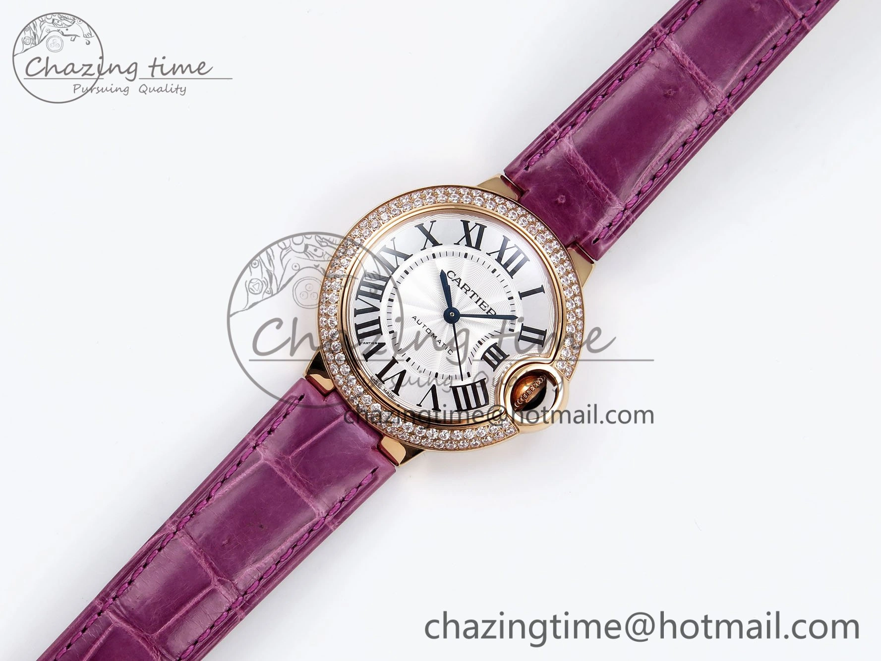 Ballon Bleu 33mm RG AF 1:1 Best Edition Silver Dial Diamonds Bezel on Purple Leather Strap SEIKO NH05A