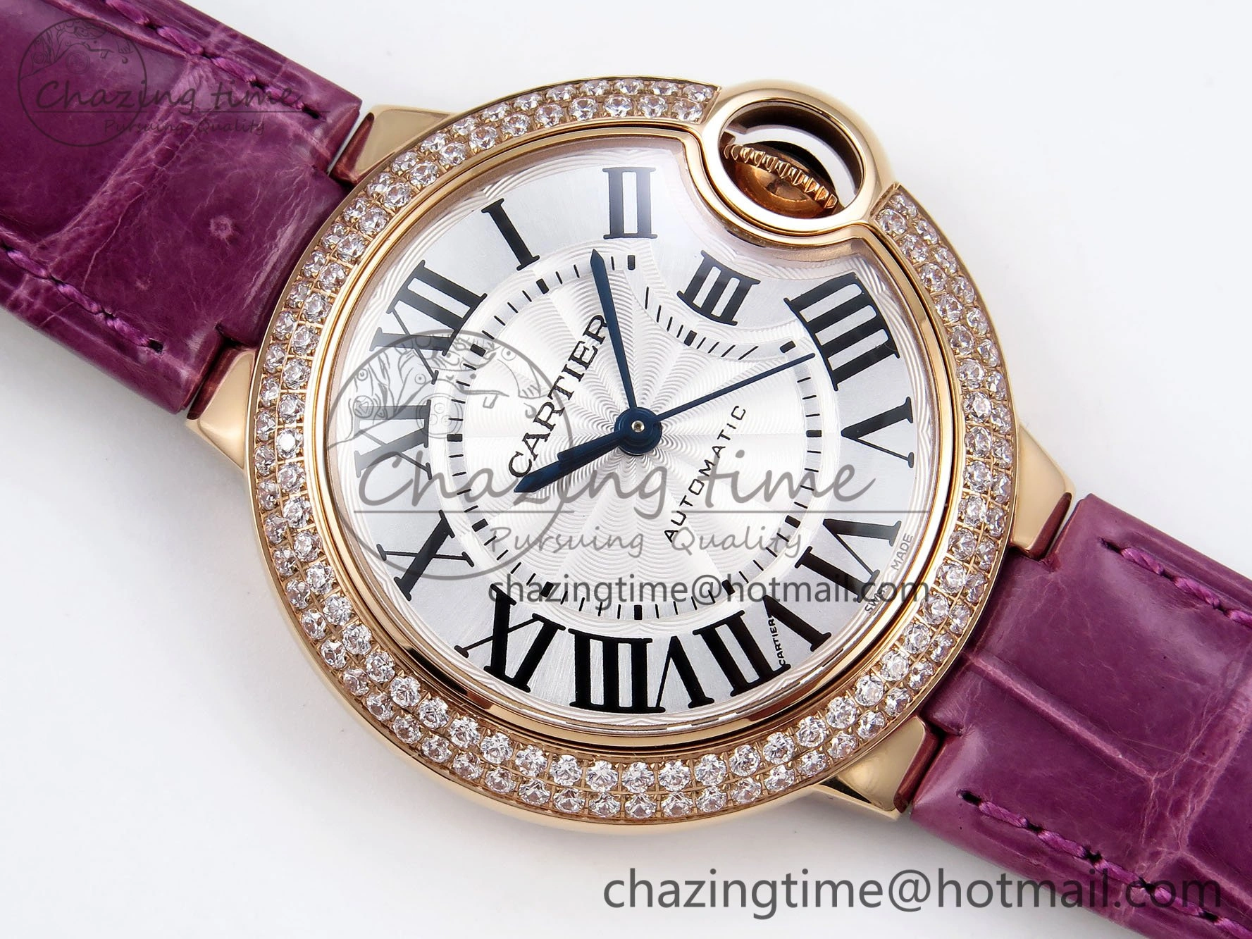 Ballon Bleu 33mm RG AF 1:1 Best Edition Silver Dial Diamonds Bezel on Purple Leather Strap SEIKO NH05A