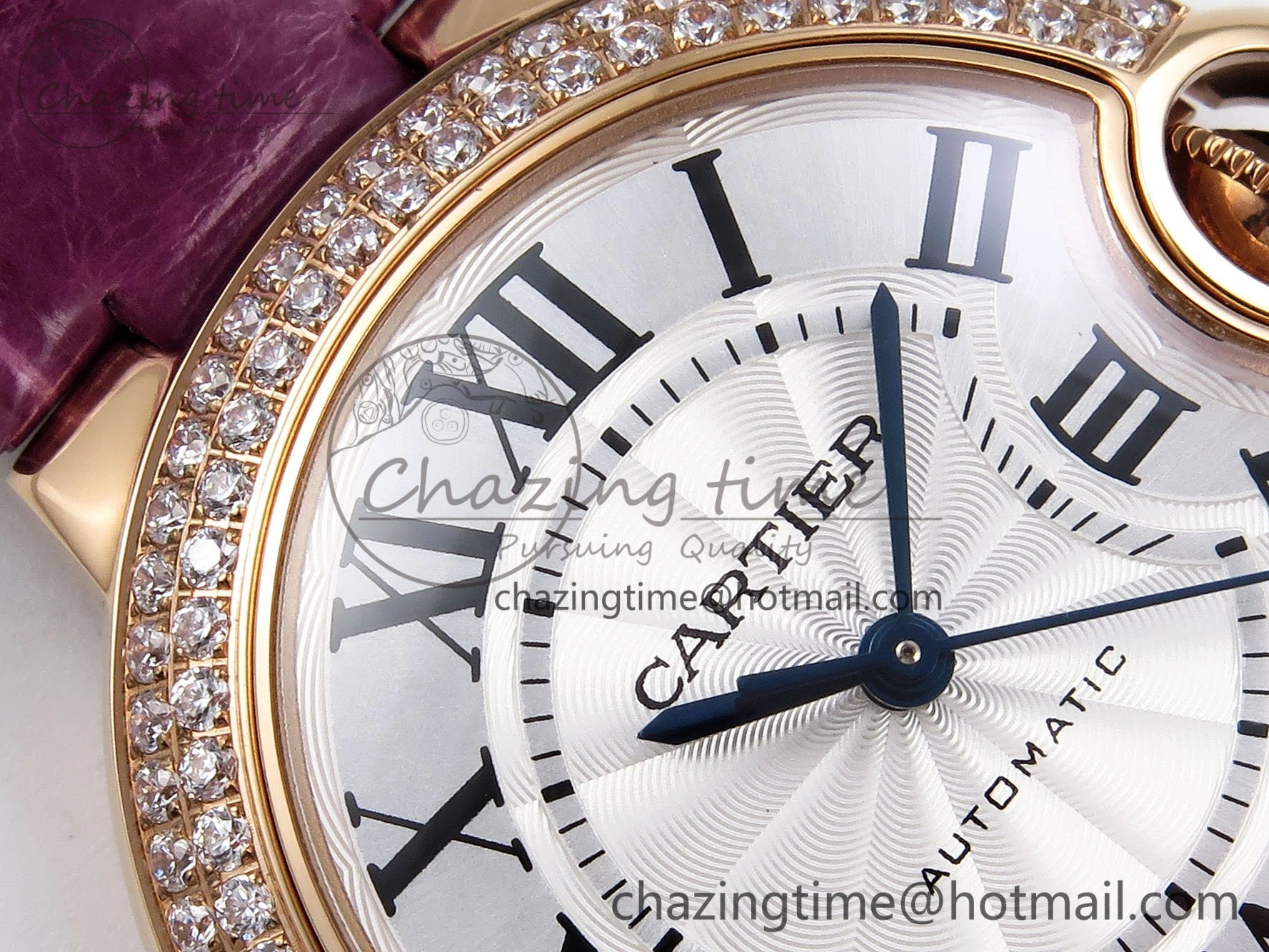Ballon Bleu 33mm RG AF 1:1 Best Edition Silver Dial Diamonds Bezel on Purple Leather Strap SEIKO NH05A