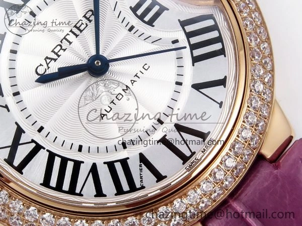 Ballon Bleu 33mm RG AF 1:1 Best Edition Silver Dial Diamonds Bezel on Purple Leather Strap SEIKO NH05A
