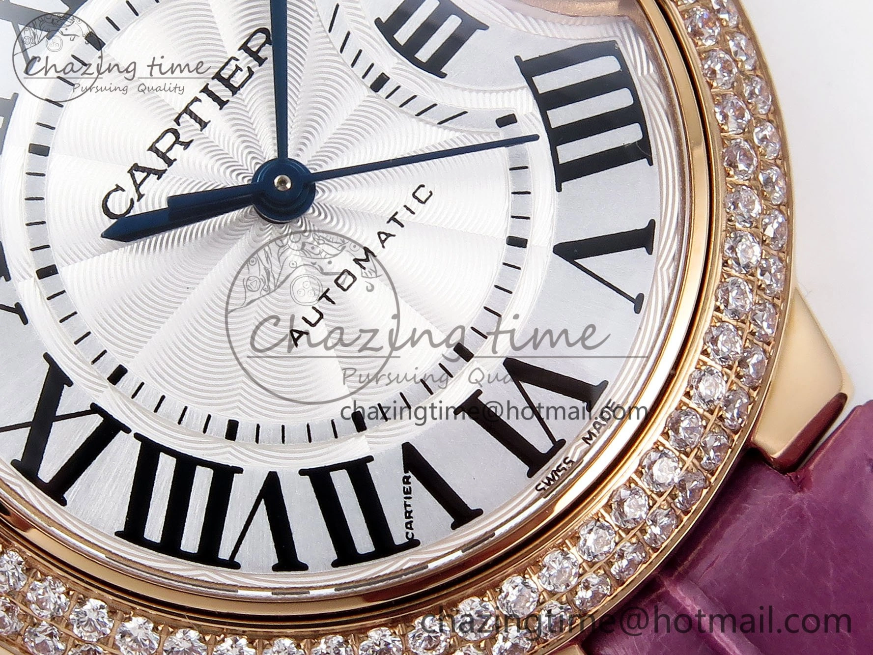 Ballon Bleu 33mm RG AF 1:1 Best Edition Silver Dial Diamonds Bezel on Purple Leather Strap SEIKO NH05A
