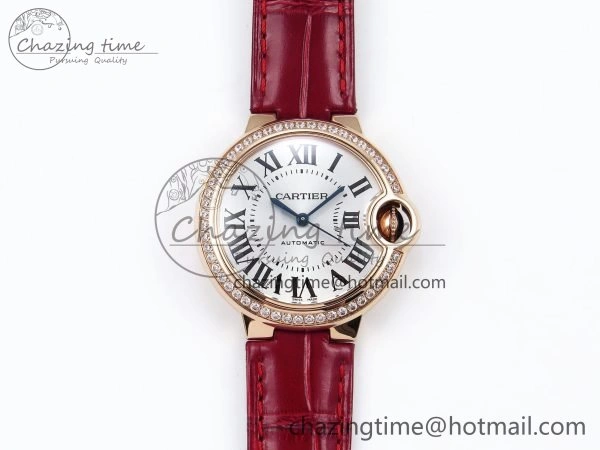 Ballon Bleu 33mm RG AF 1:1 Best Edition Silver Dial Diamonds Bezel on Red Leather Strap SEIKO NH05A