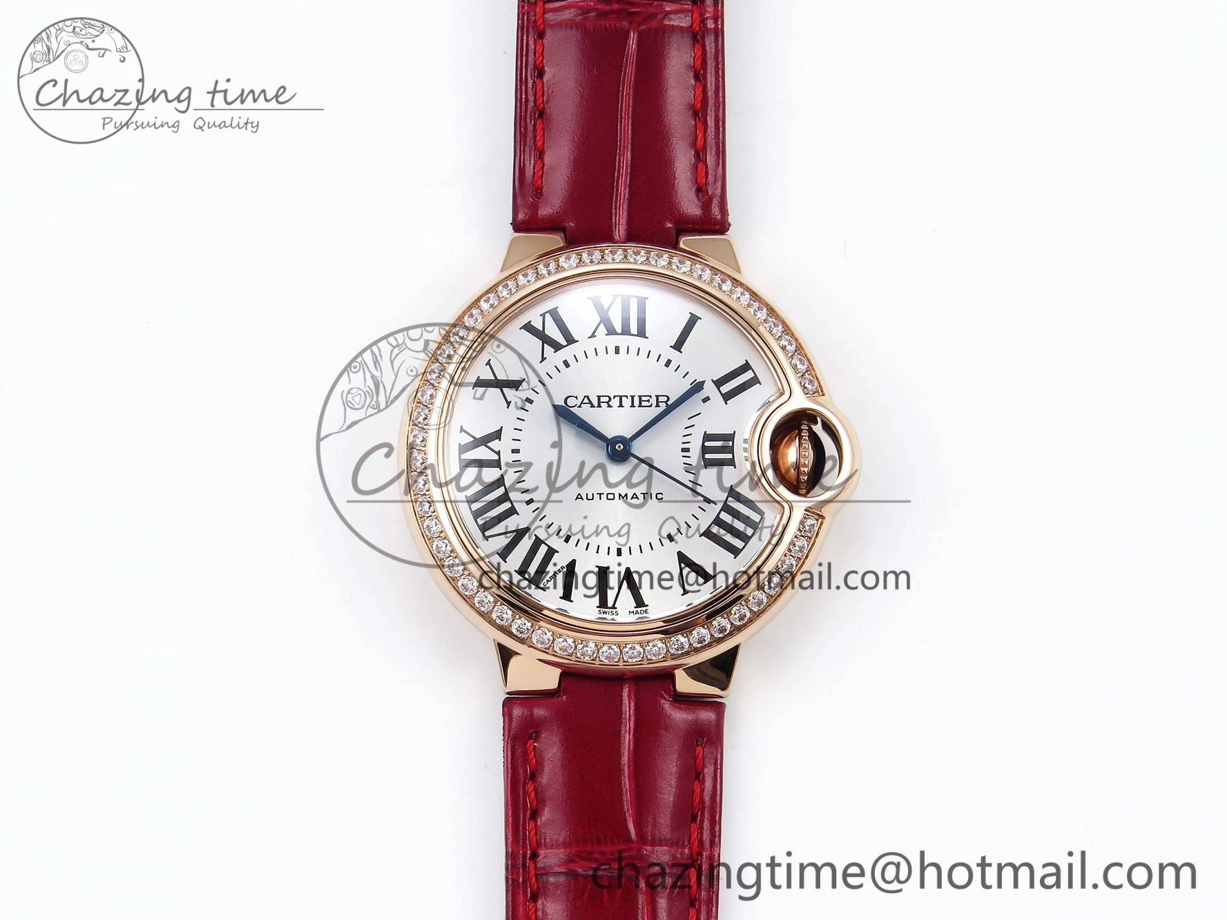 Ballon Bleu 33mm RG AF 1:1 Best Edition Silver Dial Diamonds Bezel on Red Leather Strap SEIKO NH05A