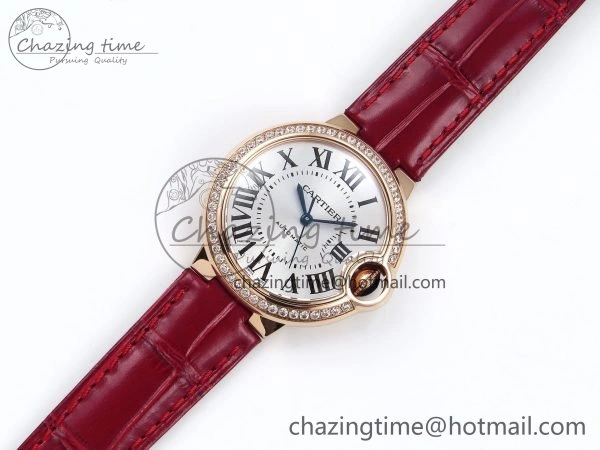 Ballon Bleu 33mm RG AF 1:1 Best Edition Silver Dial Diamonds Bezel on Red Leather Strap SEIKO NH05A