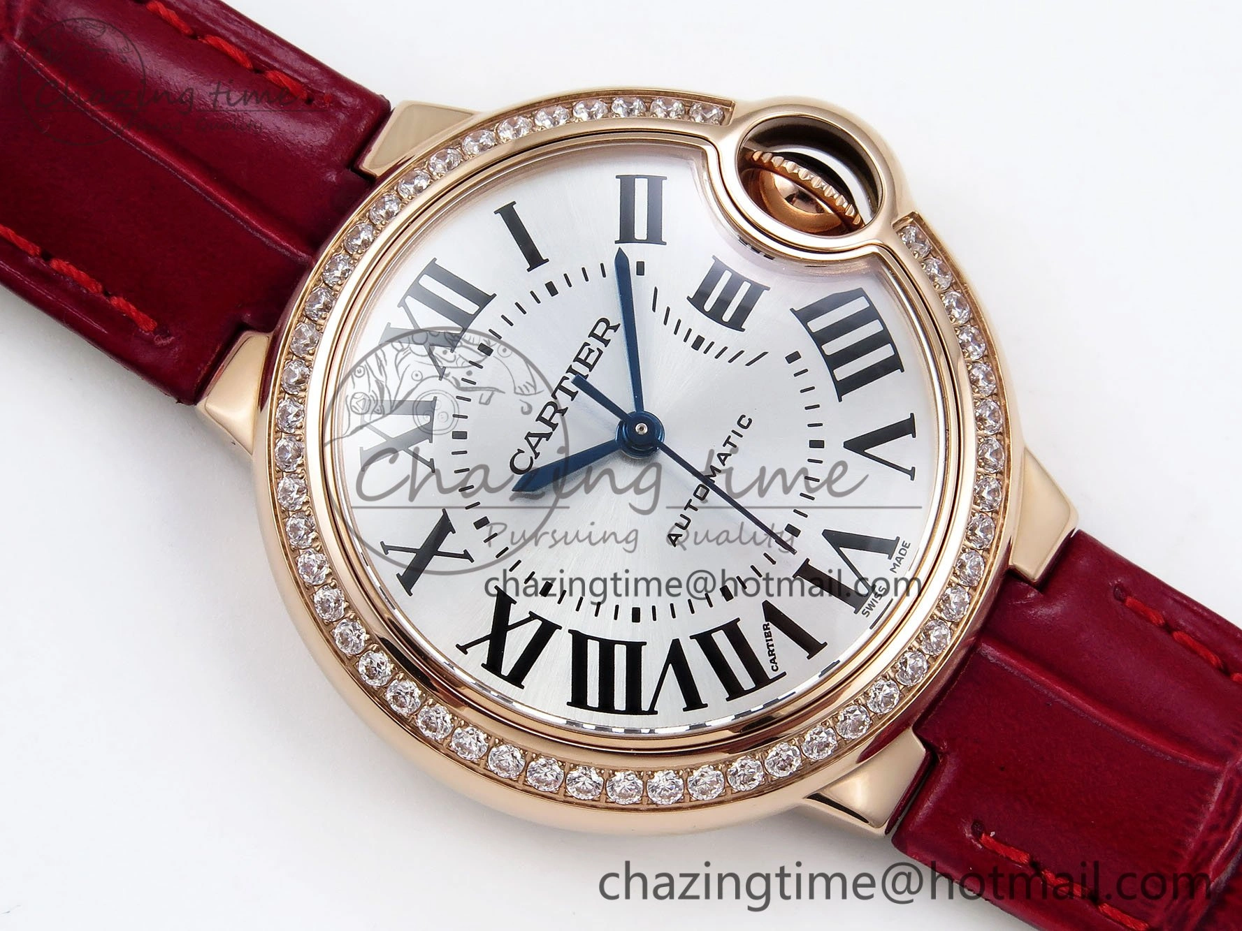 Ballon Bleu 33mm RG AF 1:1 Best Edition Silver Dial Diamonds Bezel on Red Leather Strap SEIKO NH05A
