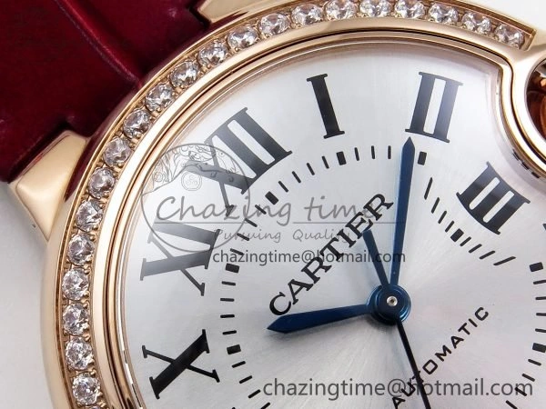 Ballon Bleu 33mm RG AF 1:1 Best Edition Silver Dial Diamonds Bezel on Red Leather Strap SEIKO NH05A