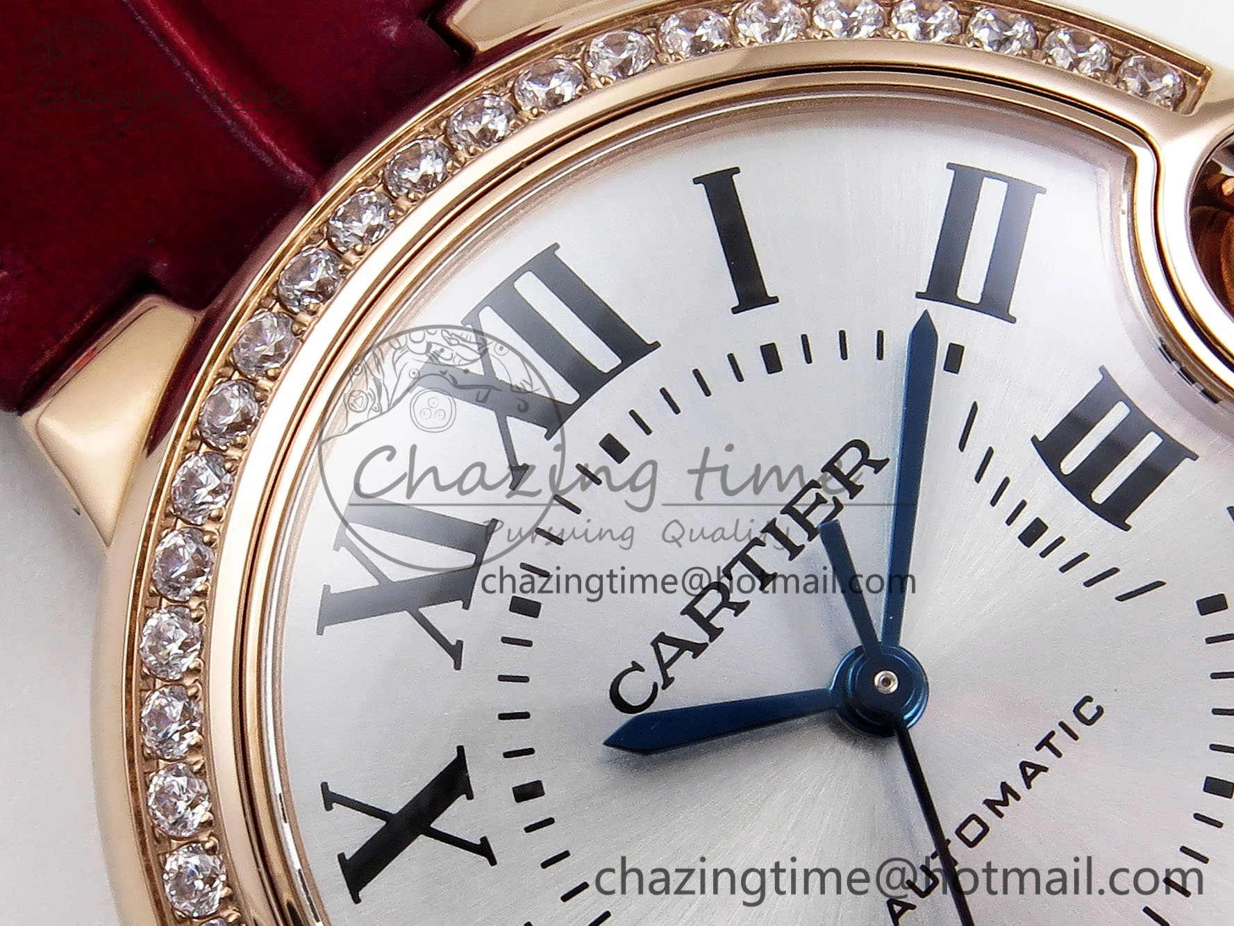 Ballon Bleu 33mm RG AF 1:1 Best Edition Silver Dial Diamonds Bezel on Red Leather Strap SEIKO NH05A