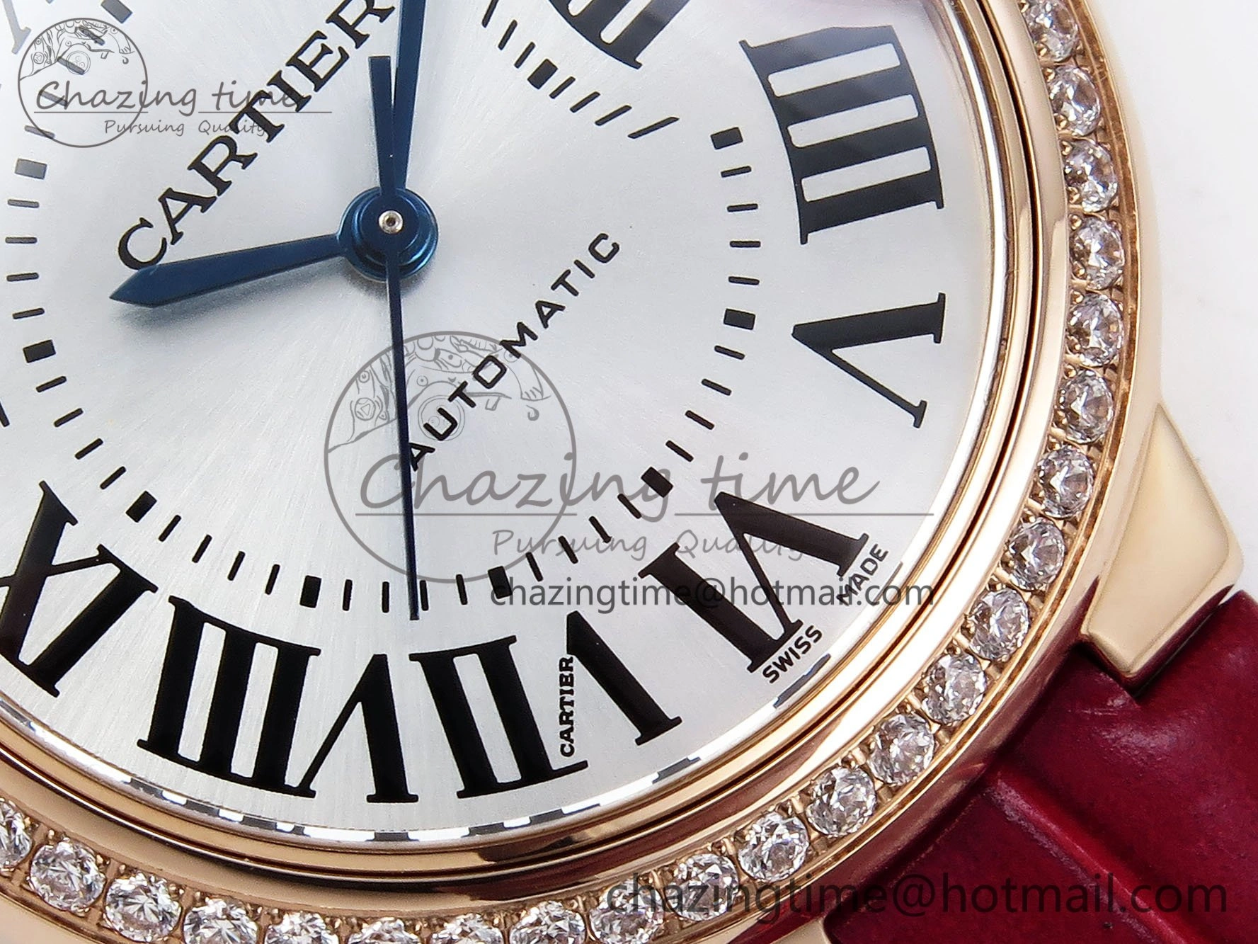 Ballon Bleu 33mm RG AF 1:1 Best Edition Silver Dial Diamonds Bezel on Red Leather Strap SEIKO NH05A