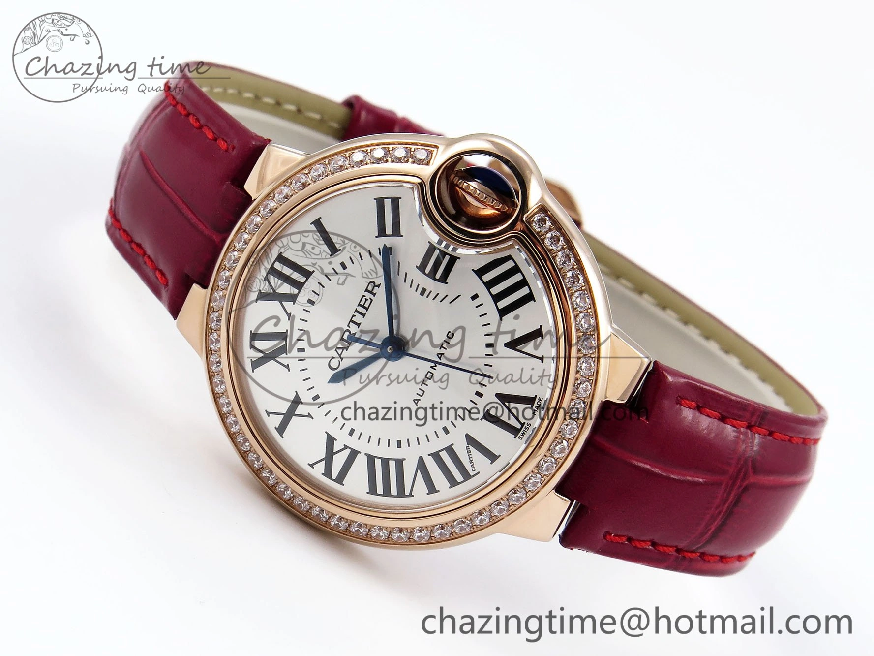 Ballon Bleu 33mm RG AF 1:1 Best Edition Silver Dial Diamonds Bezel on Red Leather Strap SEIKO NH05A