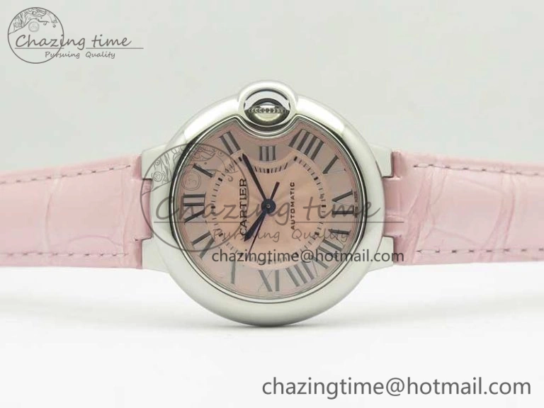 Ballon Bleu 33mm SS AF 1:1 Best Edition Pink Textured Dial on Pink Leather Strap SEIKO NH05A