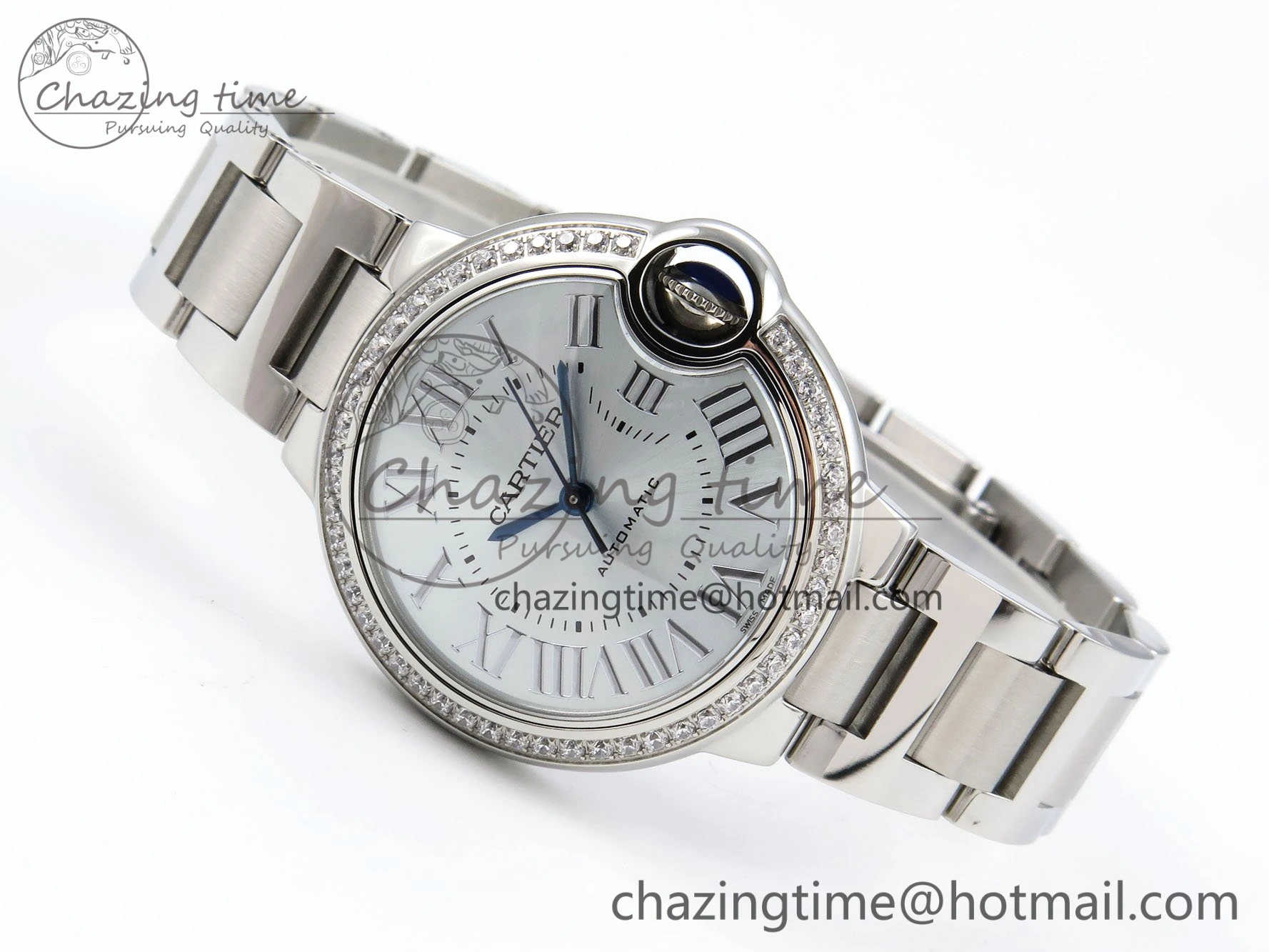 Ballon Bleu 33mm SS AF 1:1 Best Edition Silver Dial Diamonds Bezel on SS Bracelet SEIKO NH05A (Quick Release)