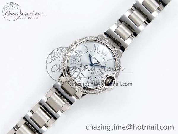Ballon Bleu 33mm SS AF 1:1 Best Edition Silver Dial Diamonds Bezel on SS Bracelet SEIKO NH05A (Quick Release)