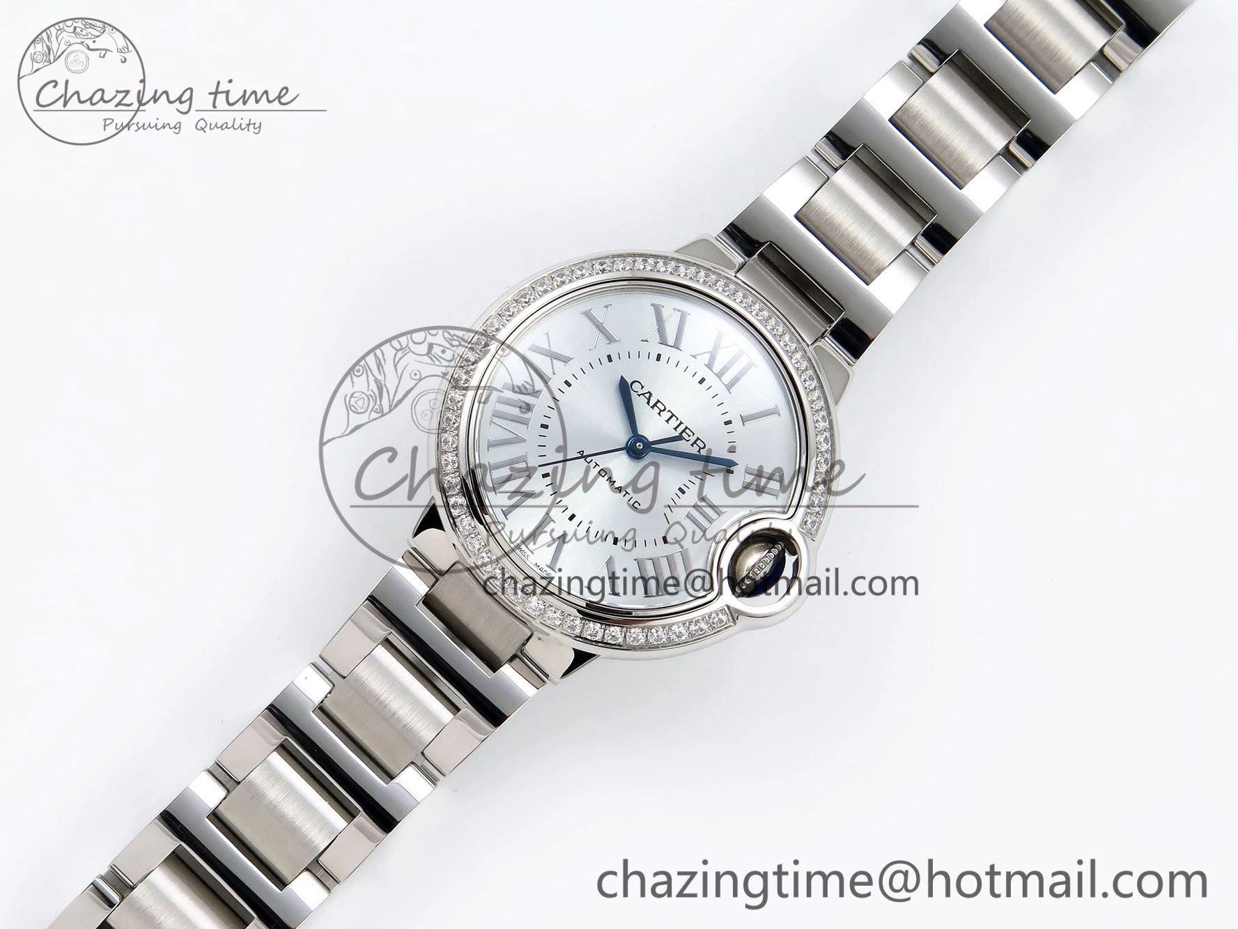 Ballon Bleu 33mm SS AF 1:1 Best Edition Silver Dial Diamonds Bezel on SS Bracelet SEIKO NH05A (Quick Release)