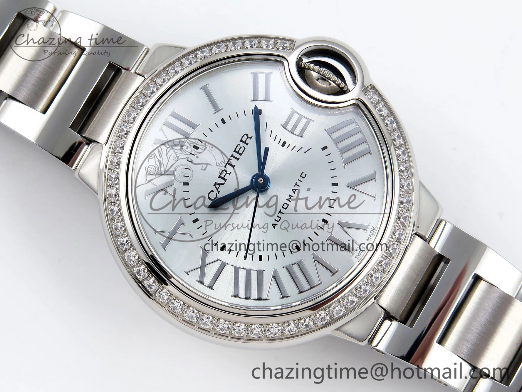 Ballon Bleu 33mm SS AF 1:1 Best Edition Silver Dial Diamonds Bezel on SS Bracelet SEIKO NH05A (Quick Release)
