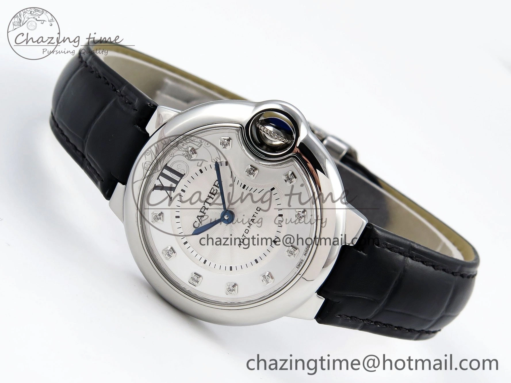 Ballon Bleu 33mm SS AF 1:1 Best Edition Silver Diamonds Dial on Black Leather Strap SEIKO NH05A