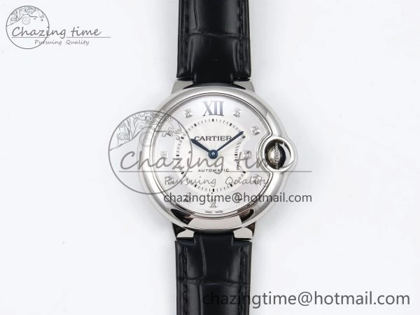 Ballon Bleu 33mm SS AF 1:1 Best Edition Silver Diamonds Dial on Black Leather Strap SEIKO NH05A