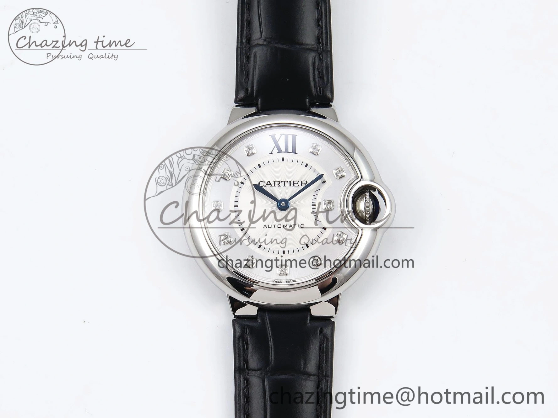 Ballon Bleu 33mm SS AF 1:1 Best Edition Silver Diamonds Dial on Black Leather Strap SEIKO NH05A