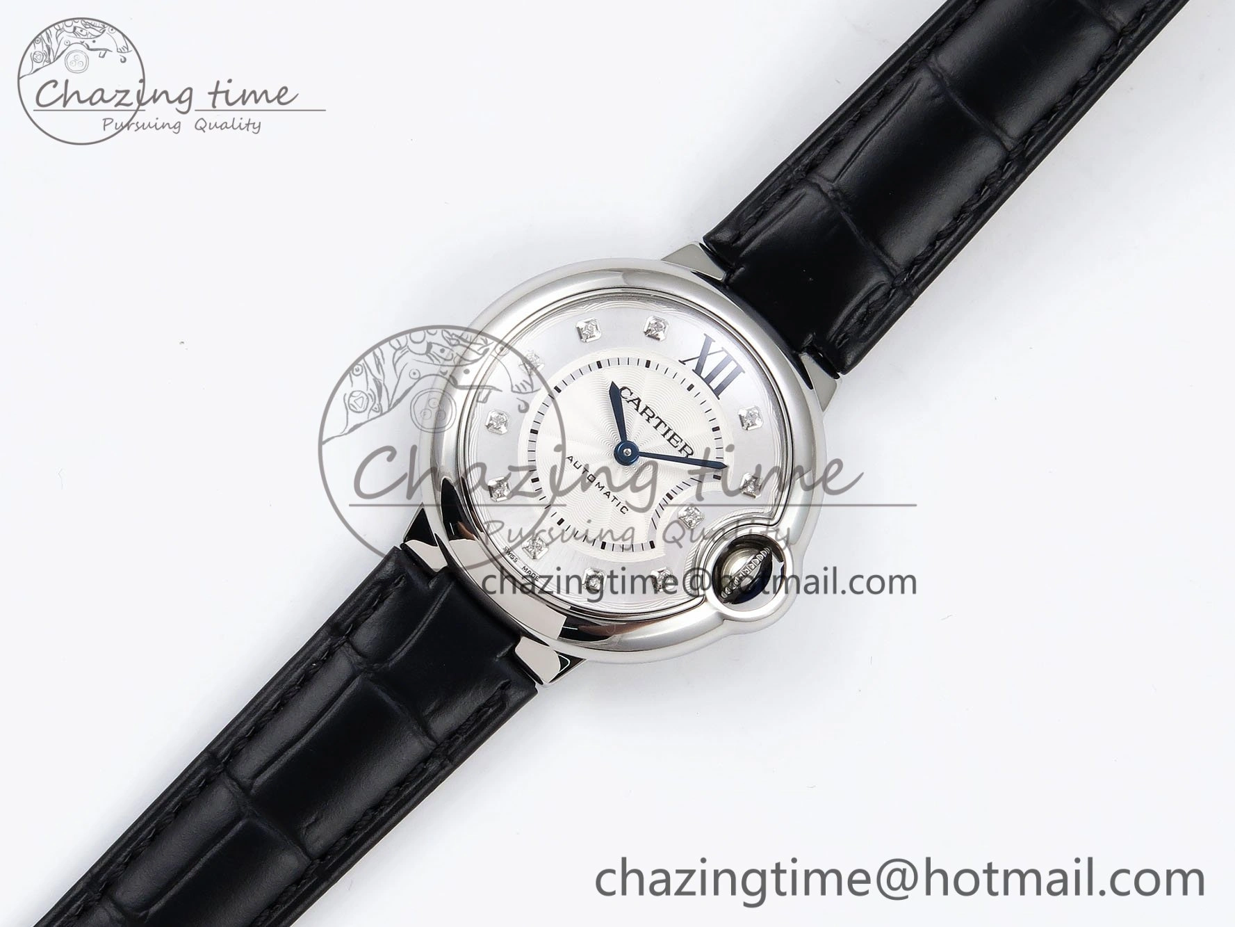 Ballon Bleu 33mm SS AF 1:1 Best Edition Silver Diamonds Dial on Black Leather Strap SEIKO NH05A