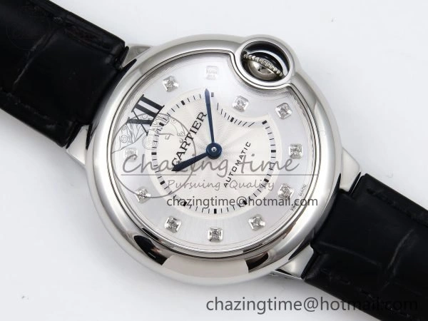 Ballon Bleu 33mm SS AF 1:1 Best Edition Silver Diamonds Dial on Black Leather Strap SEIKO NH05A