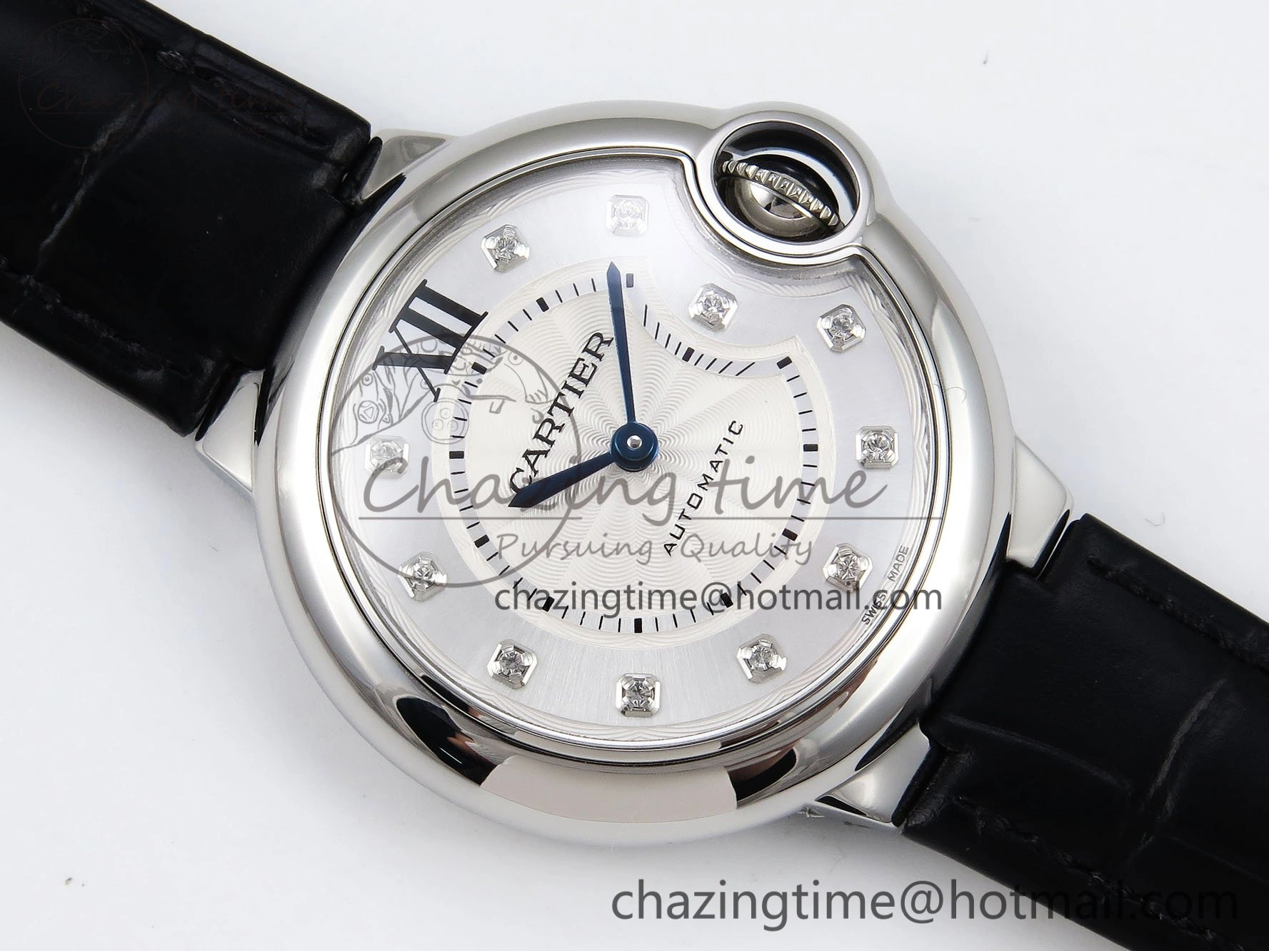Ballon Bleu 33mm SS AF 1:1 Best Edition Silver Diamonds Dial on Black Leather Strap SEIKO NH05A