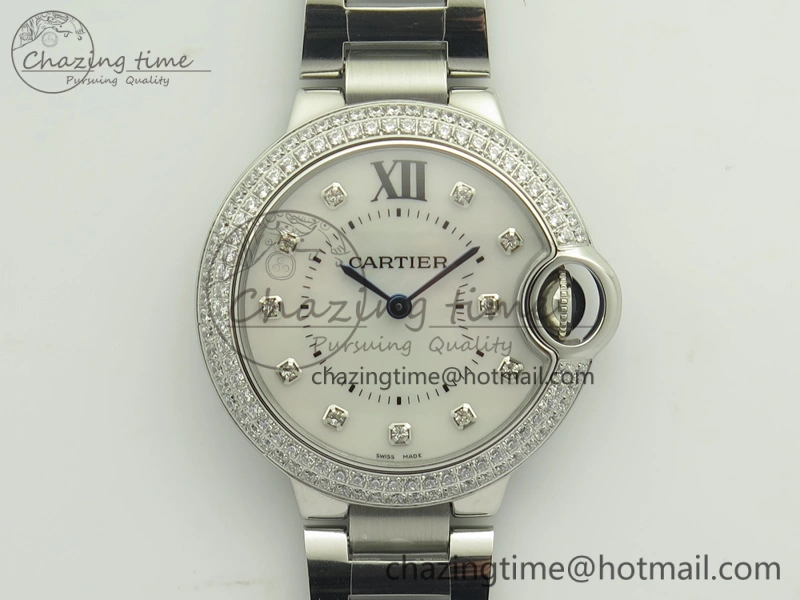 Ballon Bleu 33mm SS Diamond Bezel V6F 1:1 Best Edition White MOP Dial On SS Bracelet Quartz