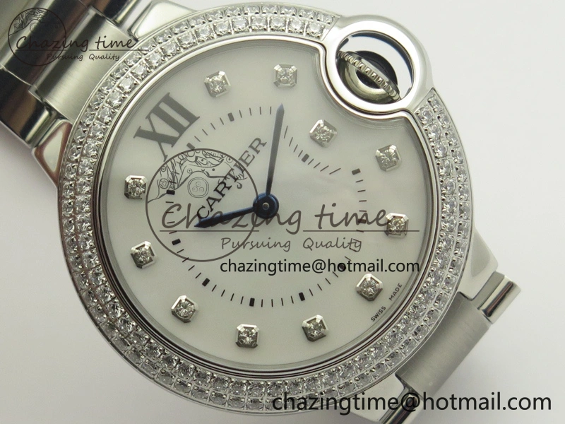 Ballon Bleu 33mm SS Diamond Bezel V6F 1:1 Best Edition White MOP Dial On SS Bracelet Quartz