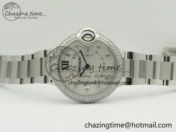 Ballon Bleu 33mm SS Diamond Bezel V6F 1:1 Best Edition White MOP Dial On SS Bracelet Quartz