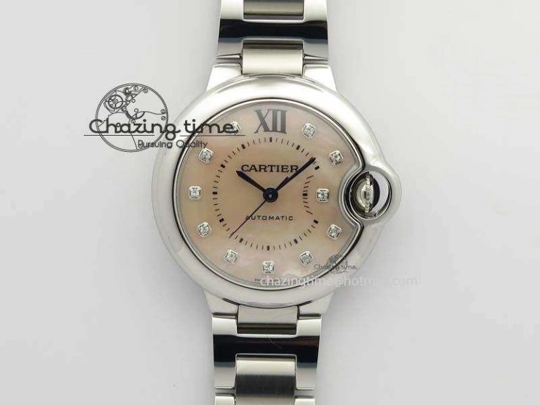 Ballon Bleu 33mm SS V6F Diamond Markers Pink Mop Dial On SS Bracelet Ronda Quartz
