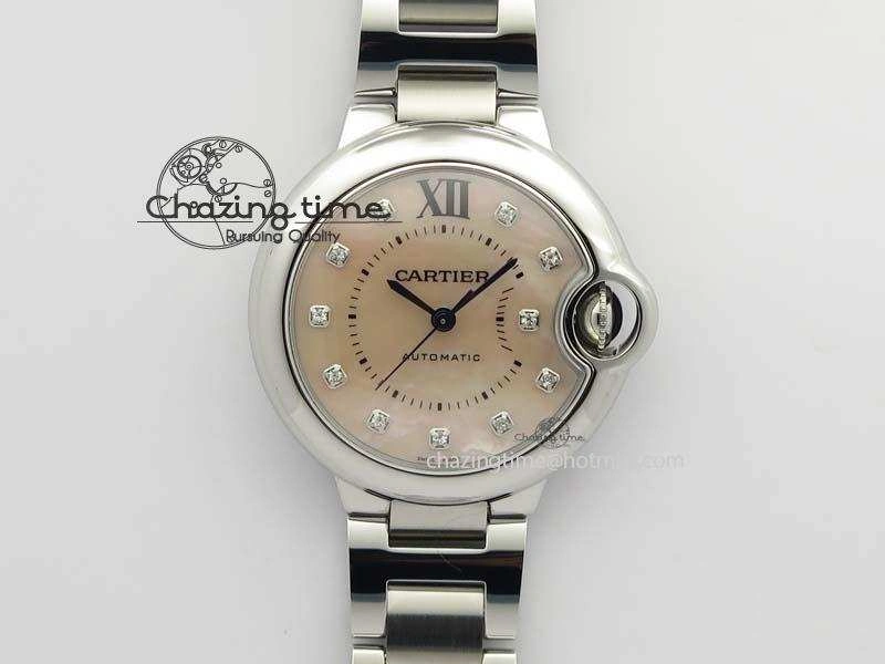 Ballon Bleu 33mm SS V6F Diamond Markers Pink Mop Dial On SS Bracelet Ronda Quartz
