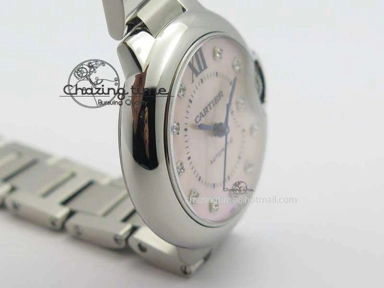 Ballon Bleu 33mm SS V6F Diamond Markers Pink Mop Dial On SS Bracelet Ronda Quartz