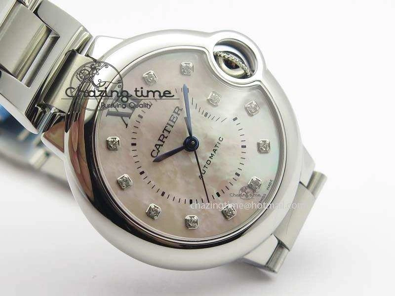 Ballon Bleu 33mm SS V6F Diamond Markers Pink Mop Dial On SS Bracelet Ronda Quartz