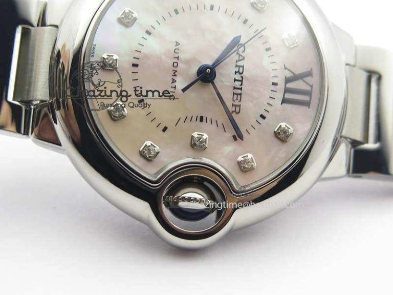 Ballon Bleu 33mm SS V6F Diamond Markers Pink Mop Dial On SS Bracelet Ronda Quartz
