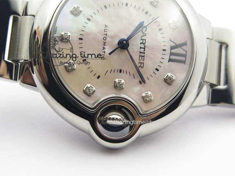 Ballon Bleu 33mm SS V6F Diamond Markers Pink Mop Dial On SS Bracelet Ronda Quartz