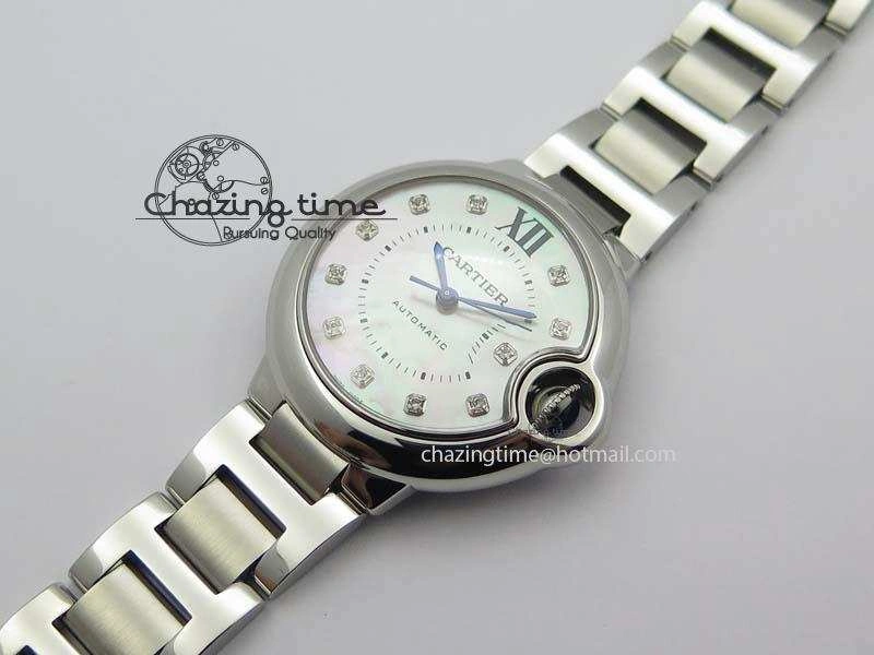 Ballon Bleu 33mm SS V6F Diamond Markers Pink Mop Dial On SS Bracelet Ronda Quartz