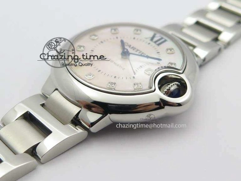 Ballon Bleu 33mm SS V6F Diamond Markers Pink Mop Dial On SS Bracelet Ronda Quartz