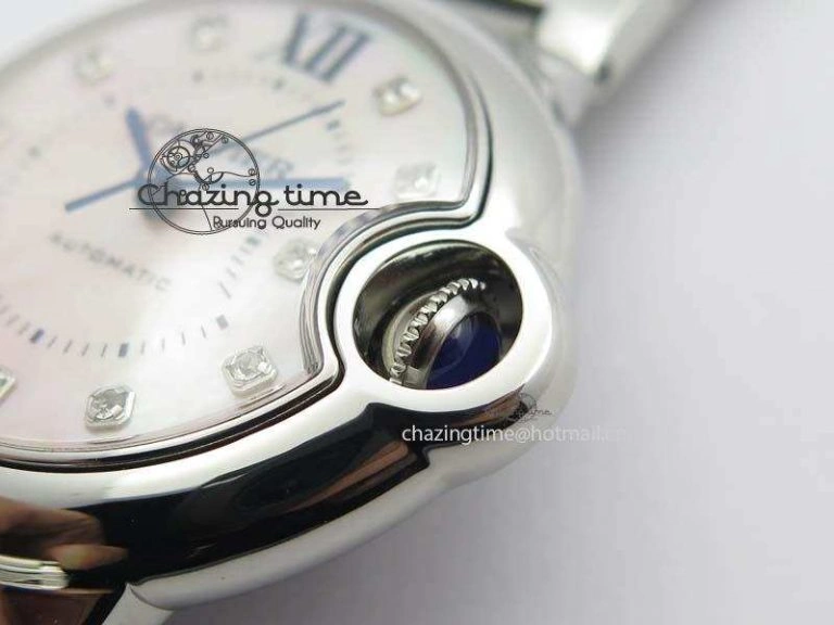 Ballon Bleu 33mm SS V6F Diamond Markers Pink Mop Dial On SS Bracelet Ronda Quartz