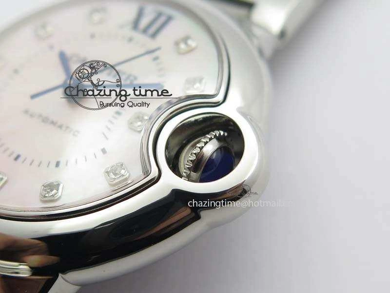 Ballon Bleu 33mm SS V6F Diamond Markers Pink Mop Dial On SS Bracelet Ronda Quartz