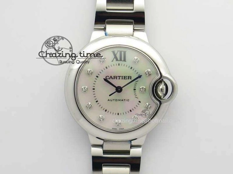 Ballon Bleu 33mm SS V6F Diamond Markers White Mop Dial On SS Bracelet Ronda Quartz