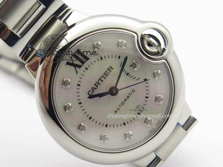 Ballon Bleu 33mm SS V6F Diamond Markers White Mop Dial On SS Bracelet Ronda Quartz