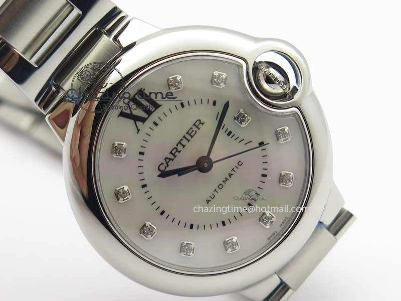 Ballon Bleu 33mm SS V6F Diamond Markers White Mop Dial On SS Bracelet Ronda Quartz