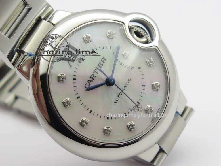 Ballon Bleu 33mm SS V6F Diamond Markers White Mop Dial On SS Bracelet Ronda Quartz
