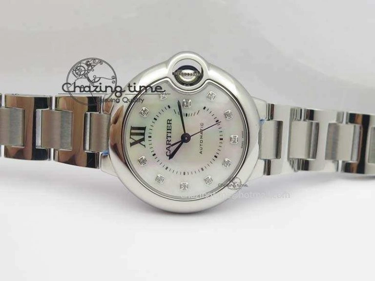 Ballon Bleu 33mm SS V6F Diamond Markers White Mop Dial On SS Bracelet Ronda Quartz