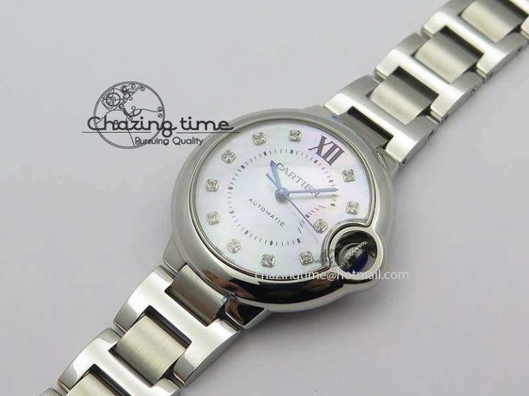 Ballon Bleu 33mm SS V6F Diamond Markers White Mop Dial On SS Bracelet Ronda Quartz