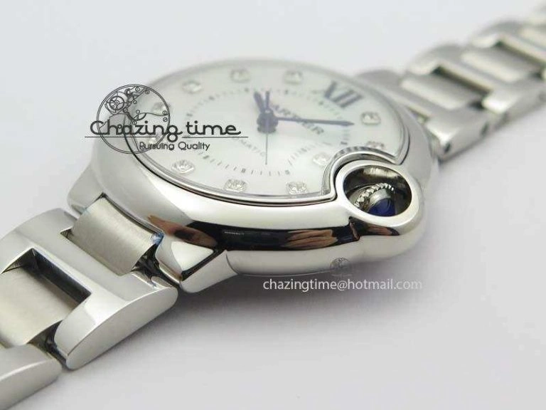Ballon Bleu 33mm SS V6F Diamond Markers White Mop Dial On SS Bracelet Ronda Quartz